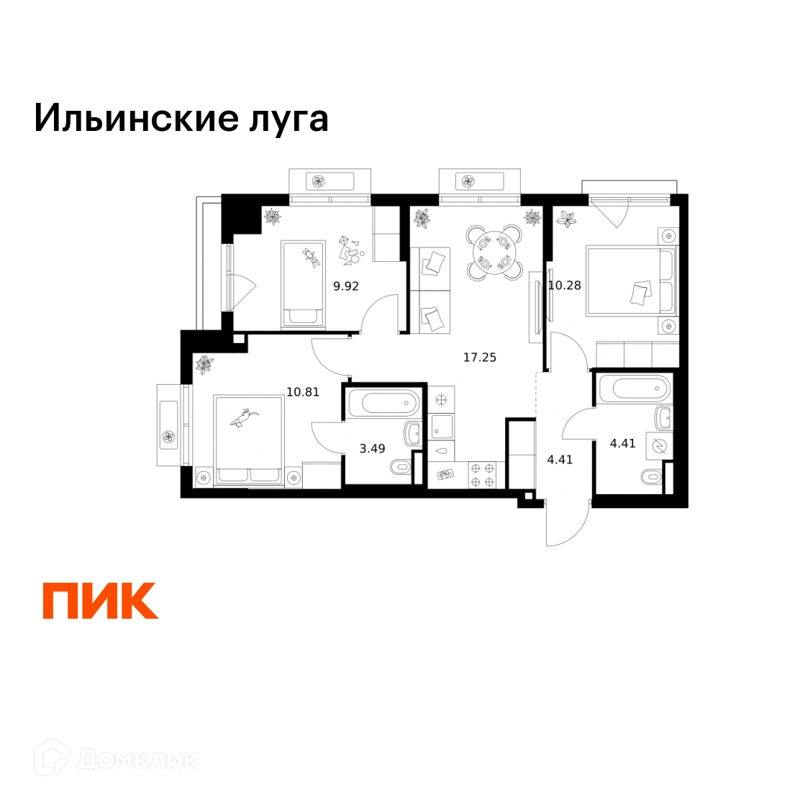 3-комнатная квартира 60.57 м² Ильинские луга