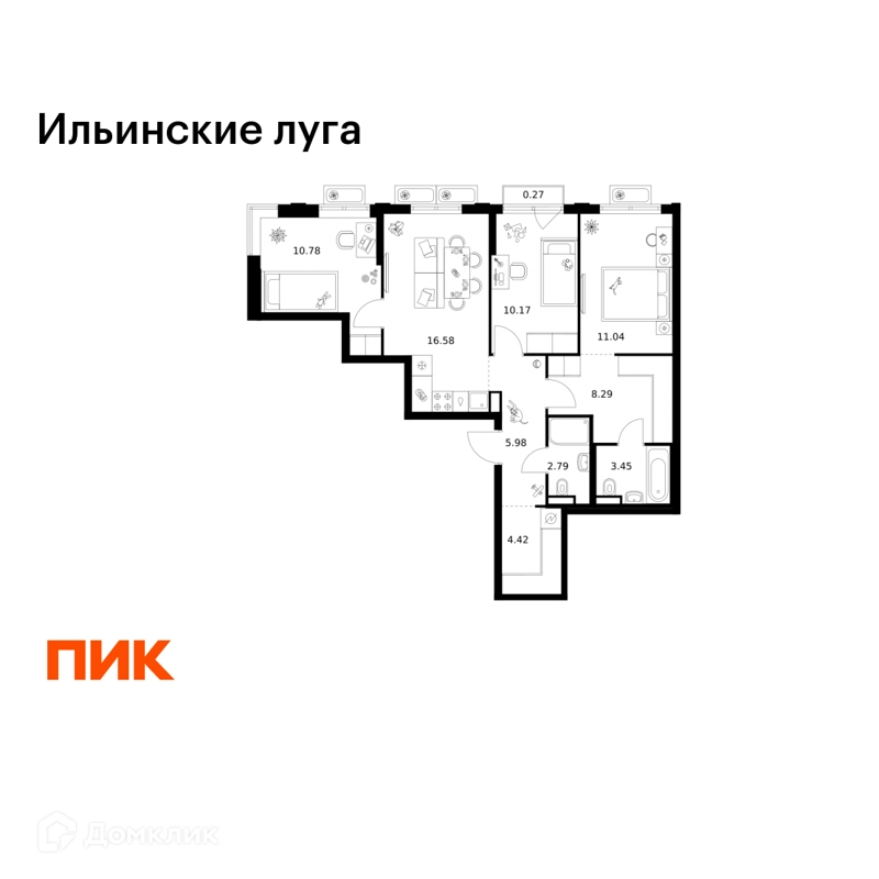 3-комнатная квартира 73.77 м² Ильинские луга