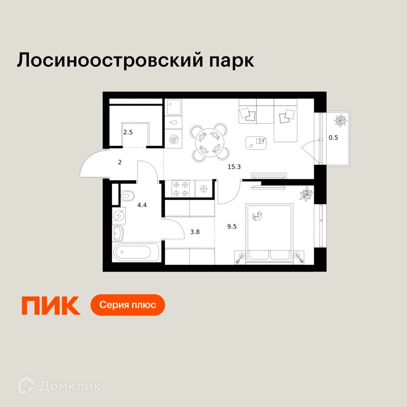 1-комнатная квартира 38 м² Лосиноостровский парк