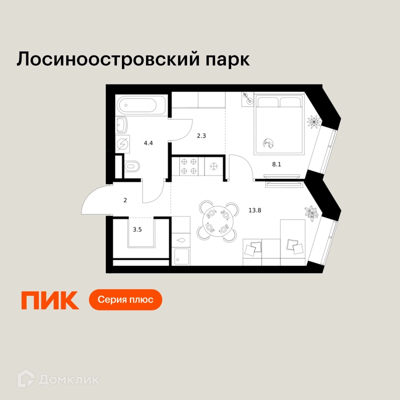 1-комнатная квартира 34.1 м² Лосиноостровский парк