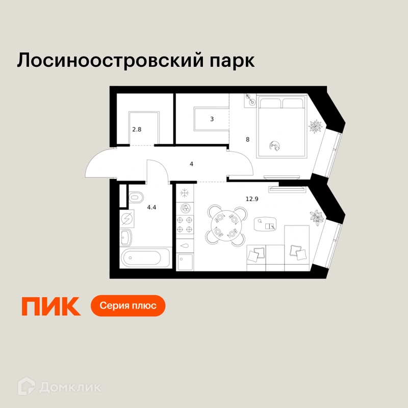 1-комнатная квартира 35.1 м² Лосиноостровский парк