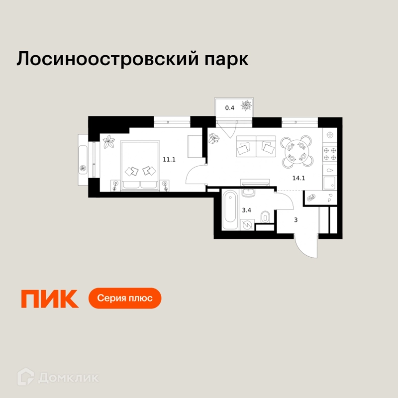 1-комнатная квартира 32 м² Лосиноостровский парк