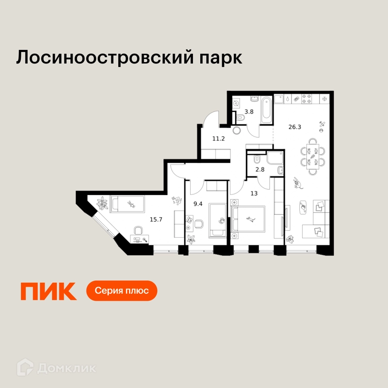 3-комнатная квартира 82.2 м² Лосиноостровский парк