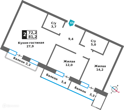 2-комнатная квартира 72.2 м² Отрада на реке