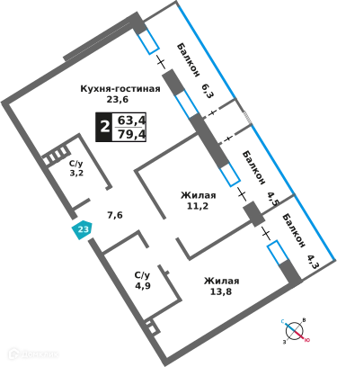 2-комнатная квартира 64.3 м² Отрада на реке