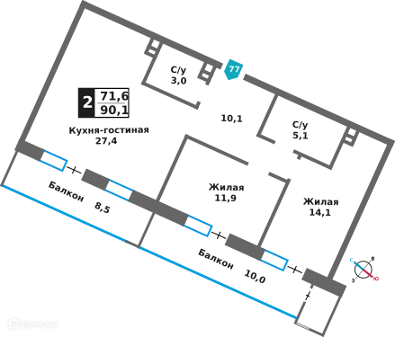 2-комнатная квартира 71.6 м² Отрада на реке