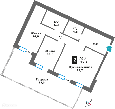 2-комнатная квартира 77.3 м² Отрада на реке