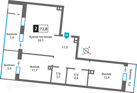 2-комнатная квартира 67.9 м² Отрада на реке