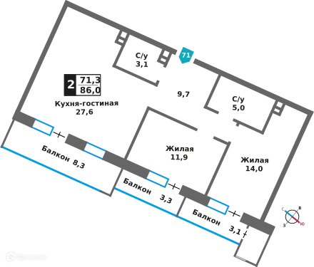 2-комнатная квартира 71.3 м² Отрада на реке