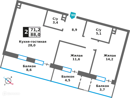 2-комнатная квартира 71.2 м² Отрада на реке