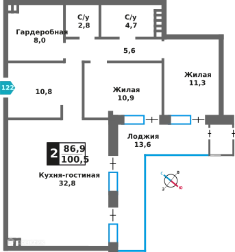2-комнатная квартира 86.9 м² Отрада на реке