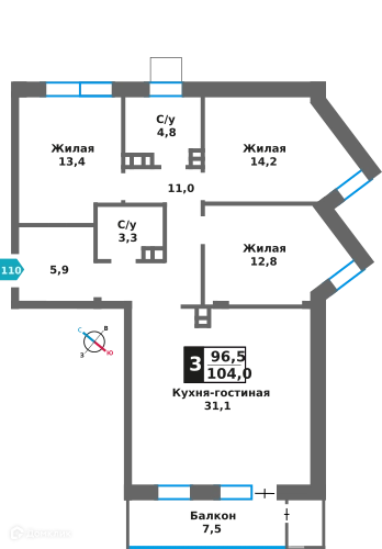 3-комнатная квартира 96.5 м² Отрада на реке