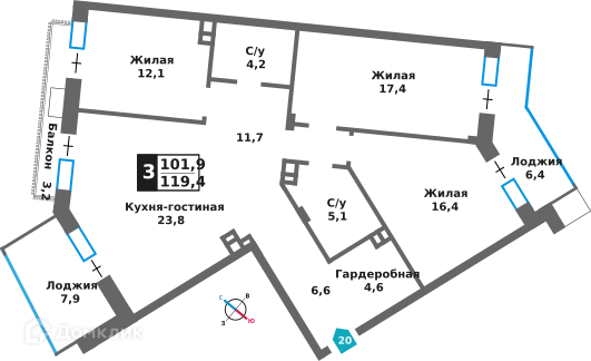 3-комнатная квартира 101.9 м² Отрада на реке