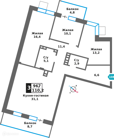 3-комнатная квартира 96.7 м² Отрада на реке
