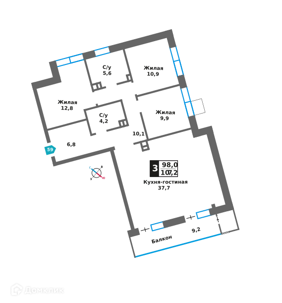 3-комнатная квартира 98 м² Отрада на реке
