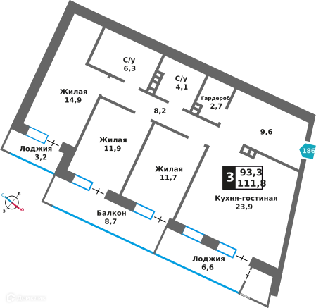 3-комнатная квартира 93.3 м² Отрада на реке