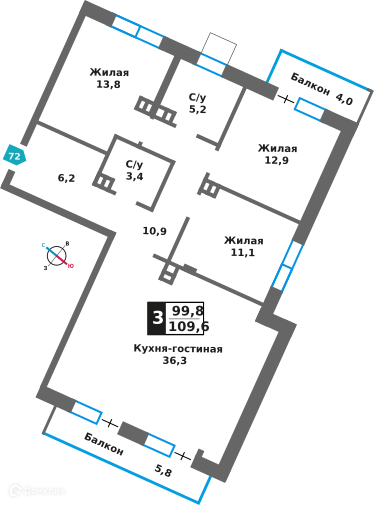 3-комнатная квартира 99.8 м² Отрада на реке
