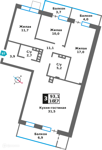 3-комнатная квартира 93.1 м² Отрада на реке