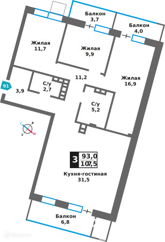 3-комнатная квартира 93 м² Отрада на реке