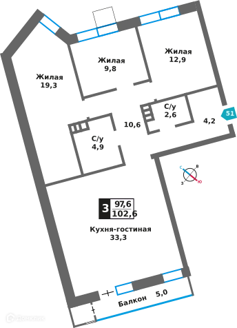 3-комнатная квартира 97.6 м² Отрада на реке