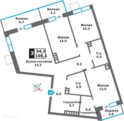 3-комнатная квартира 94.5 м² Отрада на реке