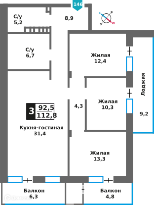 3-комнатная квартира 92.5 м² Отрада на реке