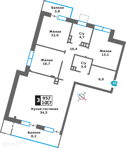 3-комнатная квартира 95.7 м² Отрада на реке