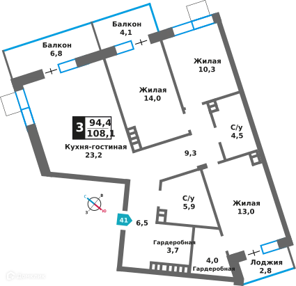 3-комнатная квартира 94.4 м² Отрада на реке