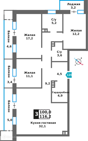 3-комнатная квартира 100 м² Отрада на реке