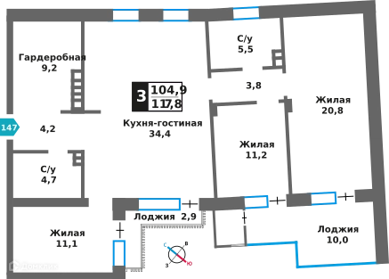 3-комнатная квартира 104.9 м² Отрада на реке