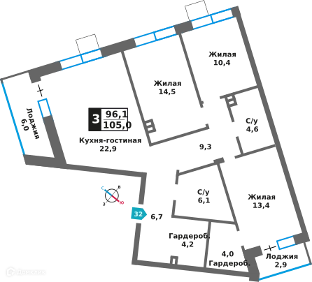 3-комнатная квартира 96.1 м² Отрада на реке