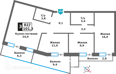3-комнатная квартира 82.7 м² Отрада на реке