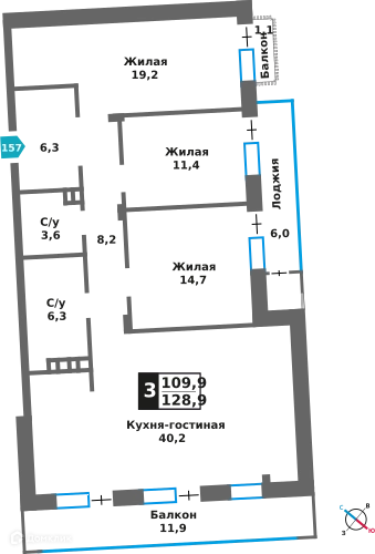 3-комнатная квартира 109.9 м² Отрада на реке