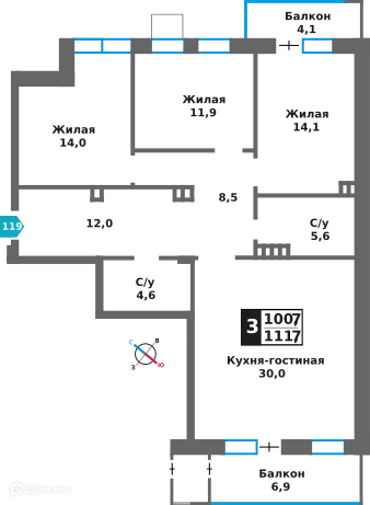 3-комнатная квартира 100.7 м² Отрада на реке