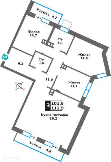 3-комнатная квартира 101.8 м² Отрада на реке