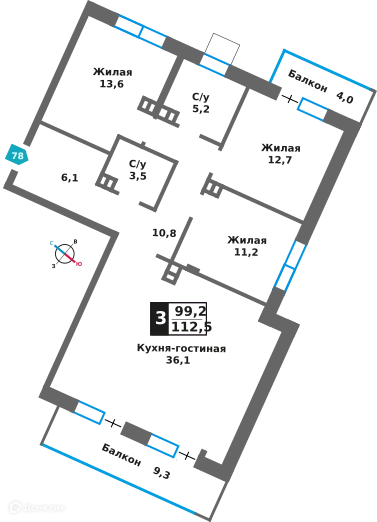 3-комнатная квартира 99.2 м² Отрада на реке