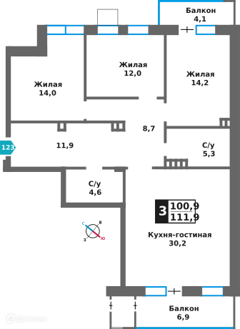 3-комнатная квартира 100.9 м² Отрада на реке