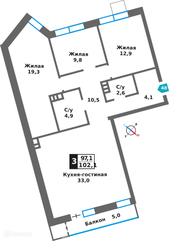 3-комнатная квартира 97.1 м² Отрада на реке
