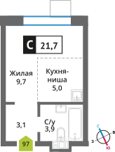 Студия 21.7 м² Никольский квартал Отрада