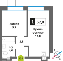 1-комнатная квартира 32 м² Никольский квартал Отрада