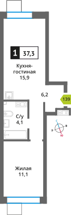 1-комнатная квартира 37.3 м² Никольский квартал Отрада