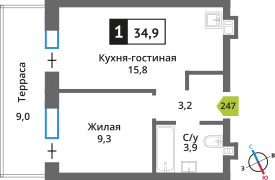 1-комнатная квартира 34.9 м² Никольский квартал Отрада