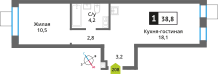 1-комнатная квартира 38.8 м² Никольский квартал Отрада