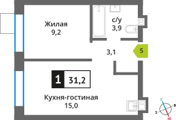 1-комнатная квартира 31.2 м² Никольский квартал Отрада