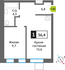 1-комнатная квартира 36.3 м² Никольский квартал Отрада