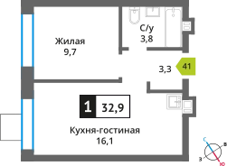 1-комнатная квартира 32.9 м² Никольский квартал Отрада