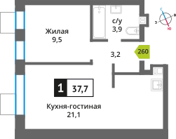 1-комнатная квартира 37.7 м² Никольский квартал Отрада