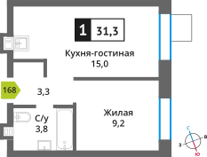 1-комнатная квартира 31.3 м² Никольский квартал Отрада