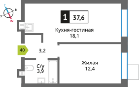 1-комнатная квартира 37.6 м² Никольский квартал Отрада