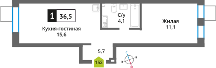 1-комнатная квартира 36.5 м² Никольский квартал Отрада